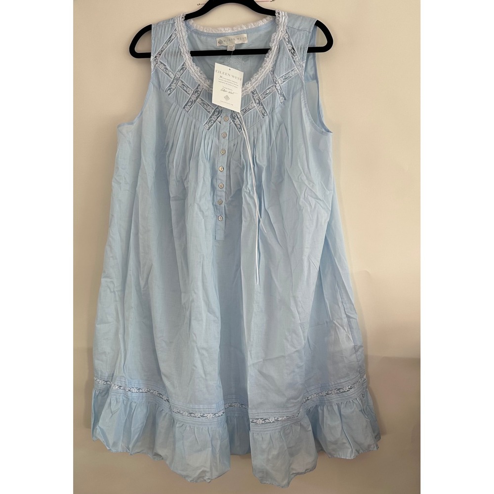 Eileen West Blue Cotton Lawn Lace Trim Sleeveless Nightgown XL New